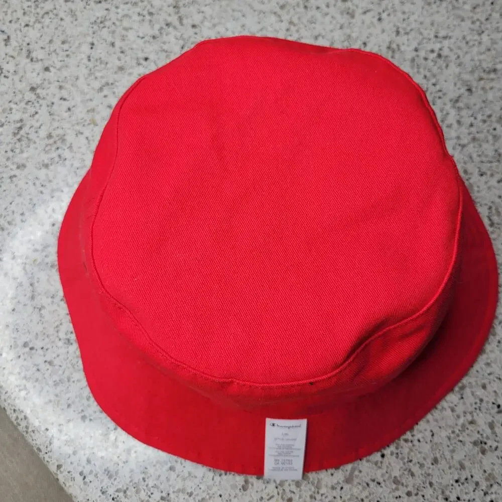 NWOT Champion Reversible Logo Script Bucket Hat L/XL Red All Over Print Spellout